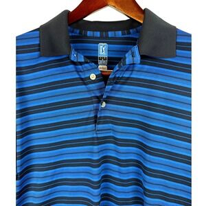 PGA‎ Tour Airflux Golf Polo Shirt Men's Large Blue Black Striped Short Sleeve